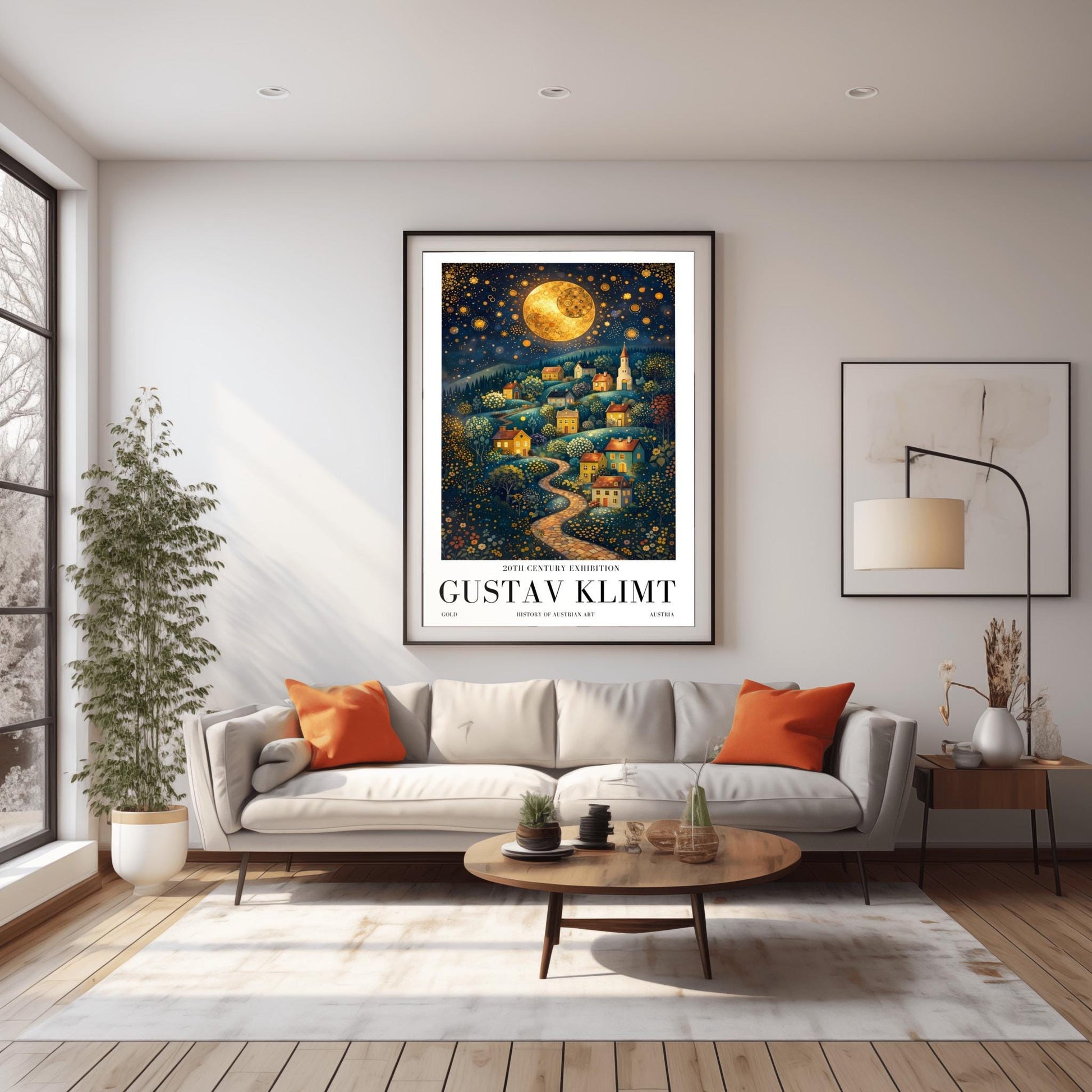 A vertical fine art exhibition poster in the style of Gustav Klimt. A winding cobblestone path leads up a hillside filled with small, colorful houses and a church under a massive golden mosaic moon. The sky is deep blue and filled with golden stars and spirals. Bold black text at the bottom reads "GUSTAV KLIMT" and "HISTORY OF AUSTRIAN ART."