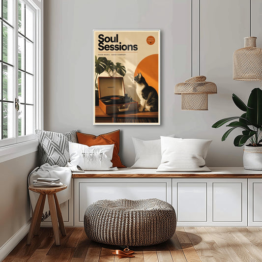 A vertical retro fine art poster titled "Soul Sessions" on a wide cream border. The design features a bold black heading at the top above the text "GOOD MUSIC. GOOD COMPANY." In the central artwork, a black and white tuxedo cat sits contentedly next to an open tan Crosley record player spinning a vinyl record. A large orange sun shape and a monstera plant decorate the background.