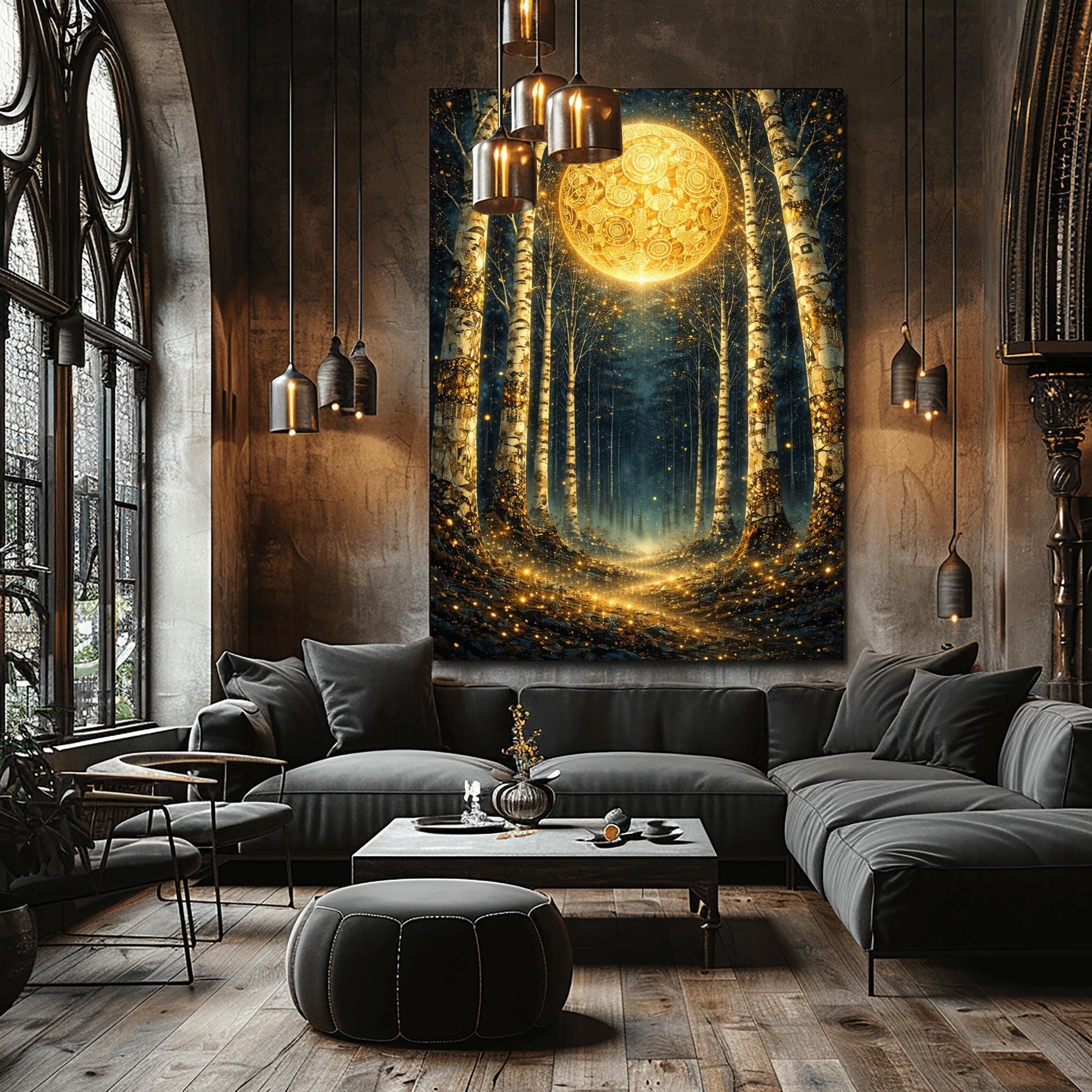 A vertical digital illustration of a birch forest at night. A large, ornate golden moon with swirling patterns glows at the end of a path. The white birch trees are speckled with gold. The ground is covered in sparkling golden lights against a deep dark blue background.