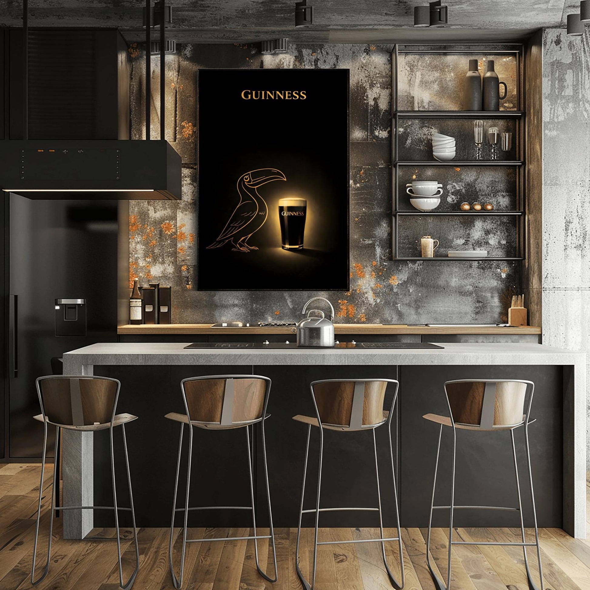 A vertical minimalist poster with a deep black background. In the center, a golden line-art silhouette of a toucan faces a glowing, realistic pint of Guinness beer. The pint has a bright white head and gold text. At the top, the word "GUINNESS" is written in gold.