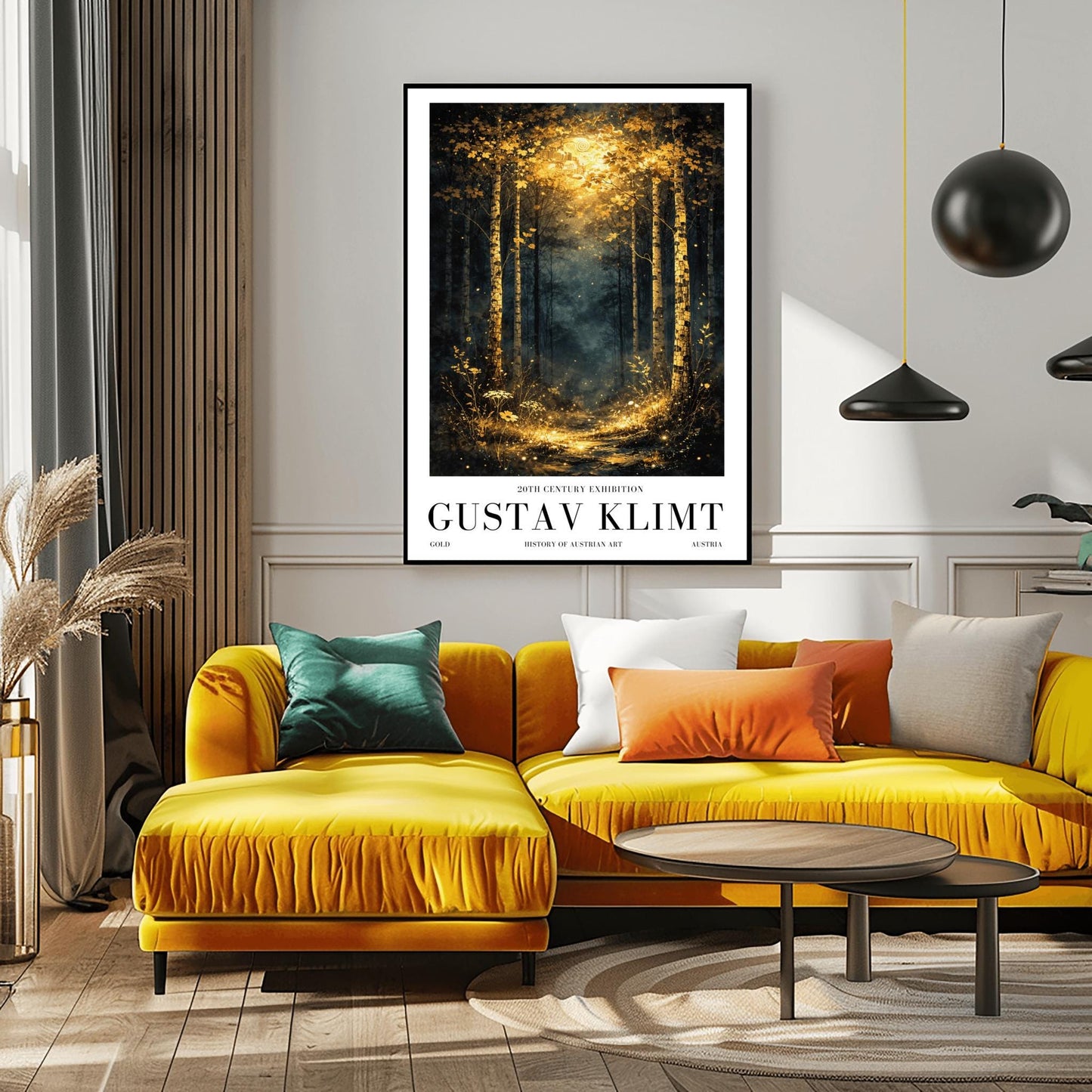 A vertical Art Nouveau illustration of a forest path at night or twilight. Golden birch trees with detailed bark frame a trail that leads into a misty forest. The path and foreground flowers are illuminated by a radiant golden light from above, filled with shimmering stardust.