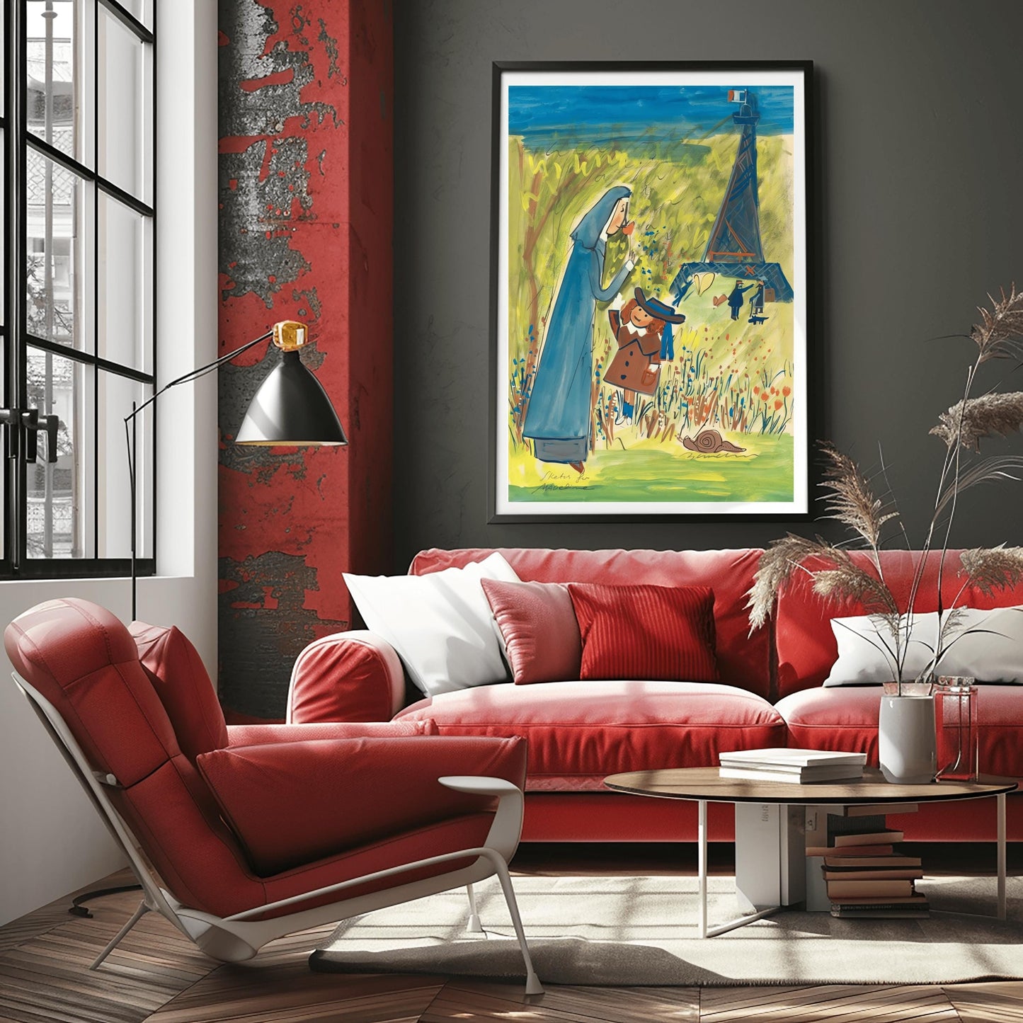 A vertical watercolor illustration in a whimsical, sketchy style. In the foreground, a nun in a tall blue habit bends down to smell an orange flower held by a young girl in a brown coat and a blue hat. They stand in a bright green field filled with red and blue wildflowers, with a brown snail nearby. In the background, a blue, impressionistic Eiffel Tower stands against a yellow-green sky with a French flag at its peak. Several small, sketchy figures walk in the distance.
