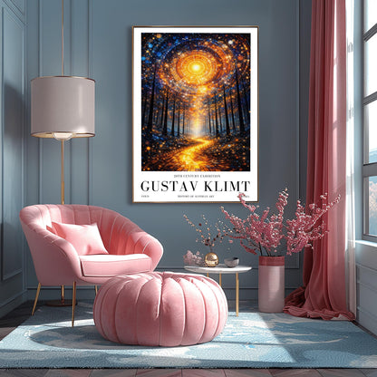 A vertical, highly detailed Art Nouveau illustration featuring a winding golden mosaic path leading through a dark forest toward a bright light. Above, a massive circular portal in the sky is made of intricate mosaic tiles in gold and blue. The scene is filled with shimmering golden stardust.
