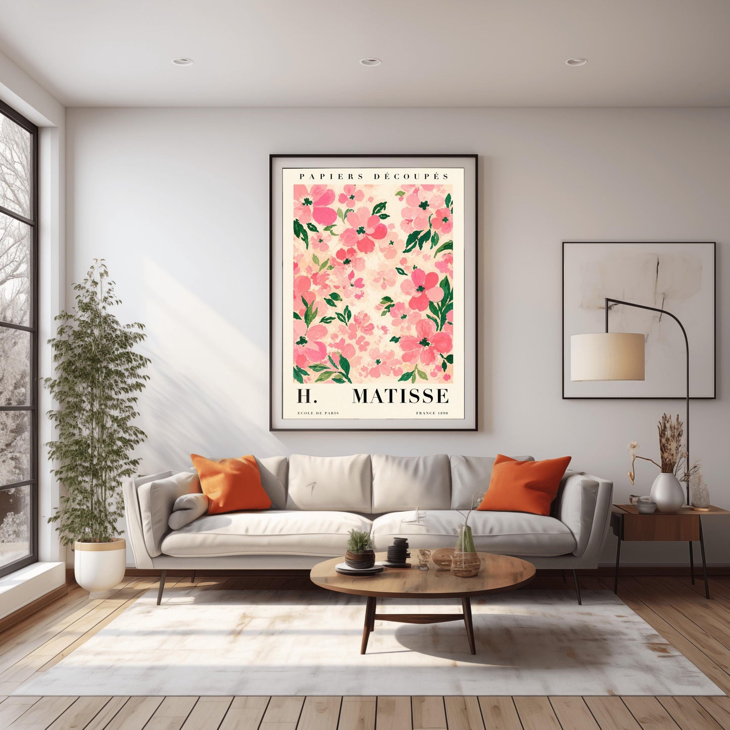 A vertical art print styled as a Henri Matisse exhibition poster. The central image is a dense pattern of soft pink and rose-colored flowers with dark green leaves on a cream-colored background. The flowers are painted with visible, textured brushstrokes. Above the image, the words "PAPIERS DÉCOUPÉS" are written in a black serif font. Below the image, the text reads "H. MATISSE" in large letters, with "ECOLE DE PARIS" and "FRANCE 1890" in smaller text at the bottom.