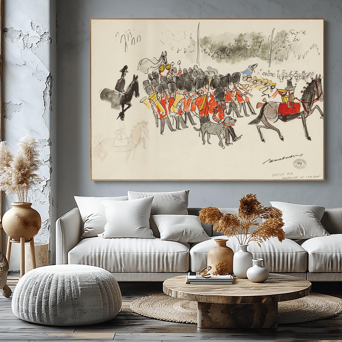 A vertical ink and watercolor sketch on cream paper by Ludwig Bemelmans titled "Sketch for Madeline in London." It depicts a band of British Royal Guards in red tunics and tall black bearskin hats playing brass instruments. To the right, Madeline and Pepito sit on a large grey horse. In the background, twelve schoolgirls in yellow hats watch the parade. A grey dog walks in the foreground. The artist's signature and a collection stamp are at the bottom right.