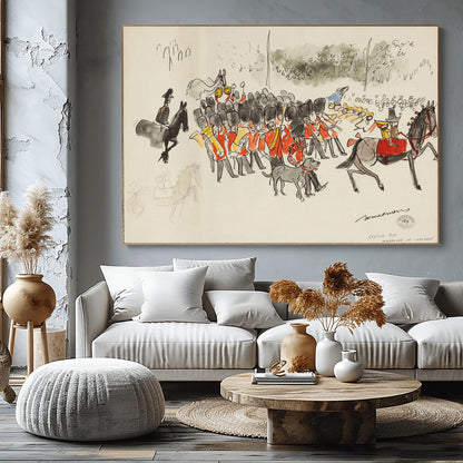 A vertical ink and watercolor sketch on cream paper by Ludwig Bemelmans titled "Sketch for Madeline in London." It depicts a band of British Royal Guards in red tunics and tall black bearskin hats playing brass instruments. To the right, Madeline and Pepito sit on a large grey horse. In the background, twelve schoolgirls in yellow hats watch the parade. A grey dog walks in the foreground. The artist's signature and a collection stamp are at the bottom right.