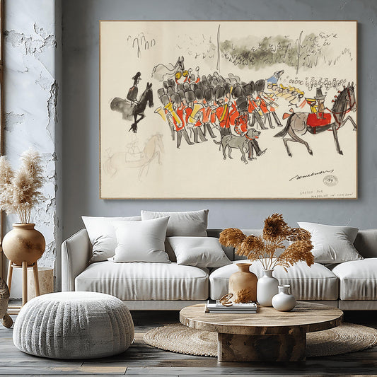 A vertical ink and watercolor sketch on cream paper by Ludwig Bemelmans titled "Sketch for Madeline in London." It depicts a band of British Royal Guards in red tunics and tall black bearskin hats playing brass instruments. To the right, Madeline and Pepito sit on a large grey horse. In the background, twelve schoolgirls in yellow hats watch the parade. A grey dog walks in the foreground. The artist's signature and a collection stamp are at the bottom right.