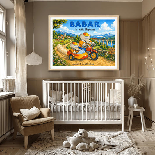 A horizontal watercolor illustration featuring Babar the Elephant and a smaller elephant riding a red motorcycle with a yellow sidecar down a dirt road. Both wear orange jackets and orange-and-yellow helmets. They are driving away from a European village toward a valley where a train crosses a stone bridge. In the background are tall, snow-capped mountains under a blue sky. A wooden sign points toward "Célesteville" and "Lac Zéphir."