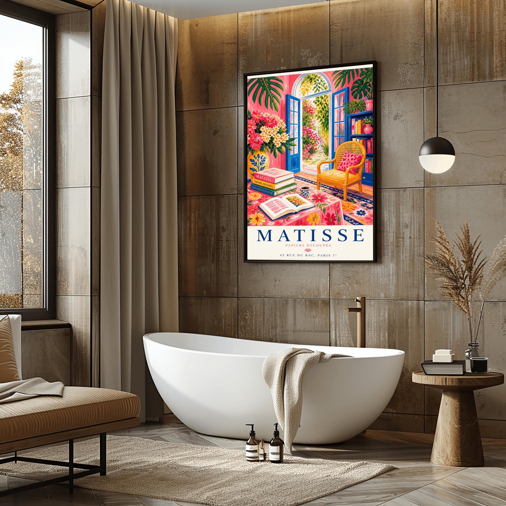 A vertical maximalist art print styled as a Henri Matisse exhibition poster. The scene shows a vibrant interior reading room with hot pink walls and cobalt blue French doors open to a sunlit garden. A yellow cane chair sits next to a bookshelf. In the foreground, a table covered in a pink floral cloth holds a stack of art books, an open book, and a blue coffee mug. Large monstera leaves and various flowers frame the room. Bold black and red text at the bottom reads "MATISSE PAPIERS DÉCOUPÉS"