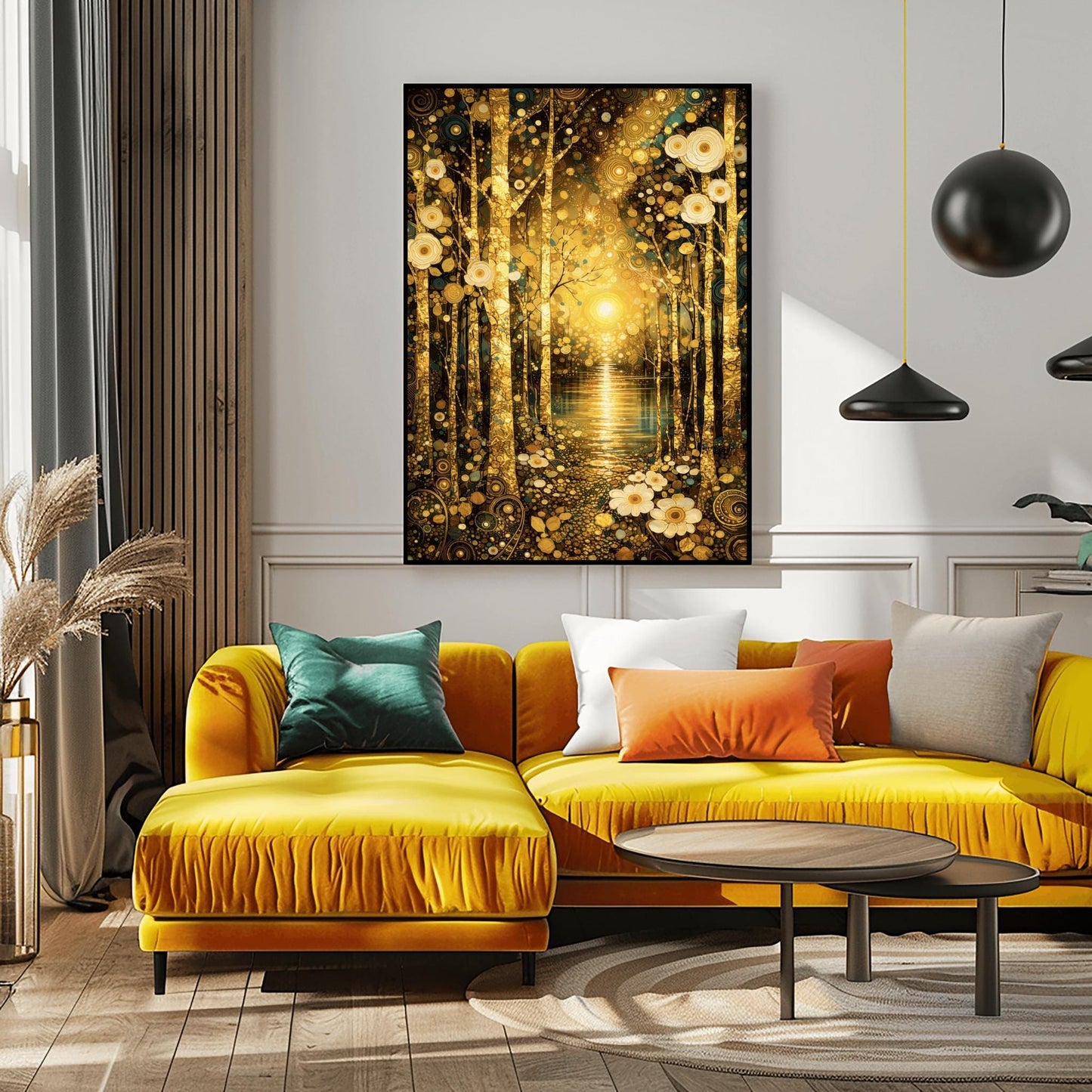 A vertical fine art landscape in the style of Gustav Klimt. Slender, textured golden birch trees stand in the foreground on a forest floor covered in white circular flowers. In the background, a brilliant golden sun reflects over a calm lake, surrounded by an atmosphere of golden spirals and shimmering mosaic patterns.