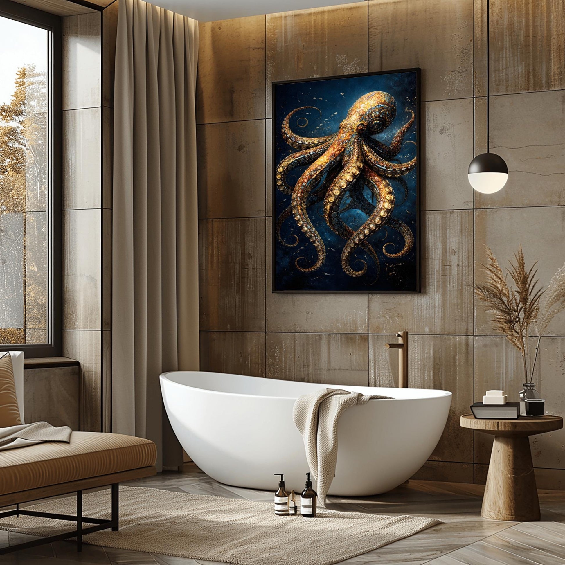 A vertical full-bleed illustration of an octopus in the style of Gustav Klimt. The octopus is decorated with intricate golden mosaic patterns and spirals, floating in a dark navy ocean with tiny sparkling particles. The design is rich in detail and high contrast.