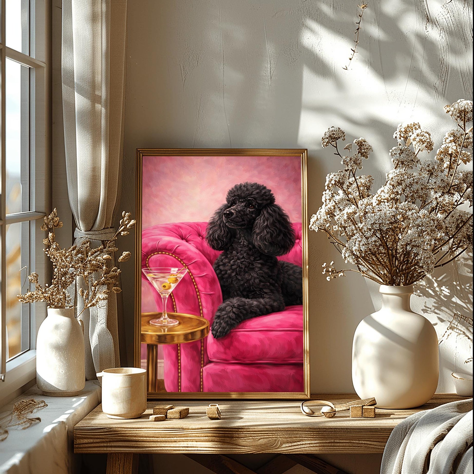 A vertical oil-style painting of a sophisticated black poodle with fluffy, well-groomed fur. The poodle is lying on a vibrant hot pink velvet tufted sofa. In the foreground, a martini glass with two green olives sits on a polished round gold side table. The background is a textured light pink, and the overall mood is glamorous, colorful, and maximalist.