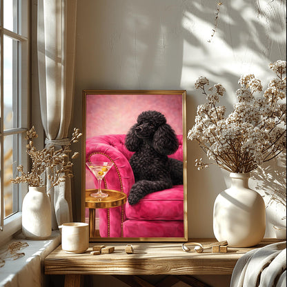 A vertical oil-style painting of a sophisticated black poodle with fluffy, well-groomed fur. The poodle is lying on a vibrant hot pink velvet tufted sofa. In the foreground, a martini glass with two green olives sits on a polished round gold side table. The background is a textured light pink, and the overall mood is glamorous, colorful, and maximalist.
