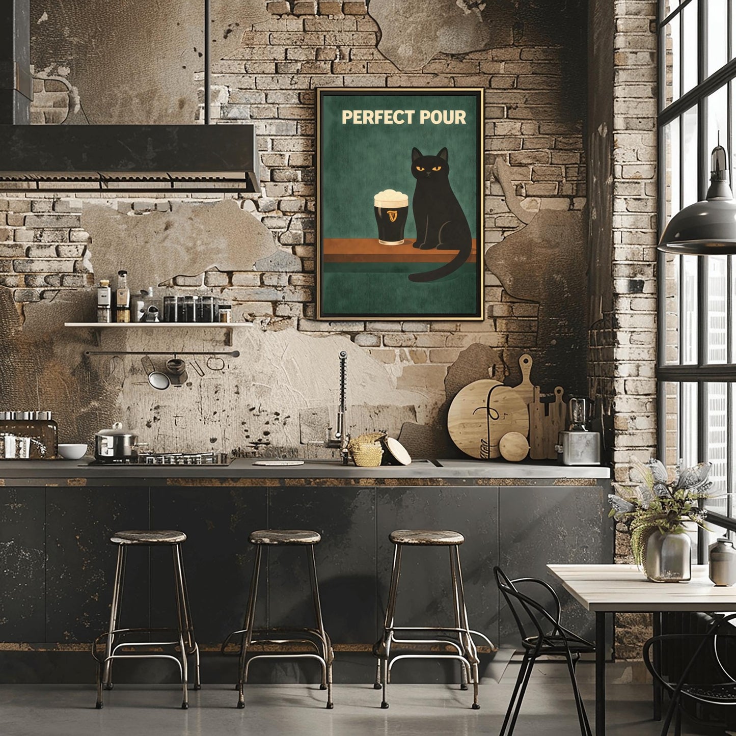 A vertical modern illustration of a sleek black cat with yellow eyes sitting on a wooden bar ledge next to a pint of Guinness. The text "PERFECT POUR" is written in bold cream letters at the top. The background is a dark, textured teal-green.