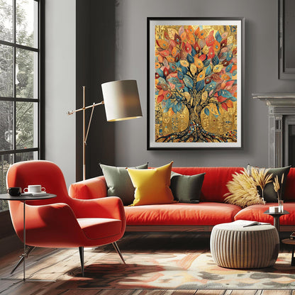 A vertical fine art print in the style of Gustav Klimt. A large tree with a dark mosaic trunk and golden swirling branches is centered on a textured gold background. The leaves are large, teardrop-shaped jewels in shades of red, orange, and blue. The background is filled with ornate golden symbols and spirals.