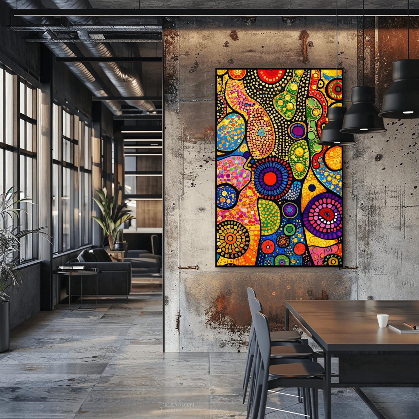 A vertical fine art print in the style of Gustav Klimt. An abstract composition of organic, flowing shapes filled with colorful dots, circles, and geometric patterns in red, blue, green, and orange. Shimmering gold leaf textures and "pebbled" patterns are interspersed throughout, set against a dark, structured background.