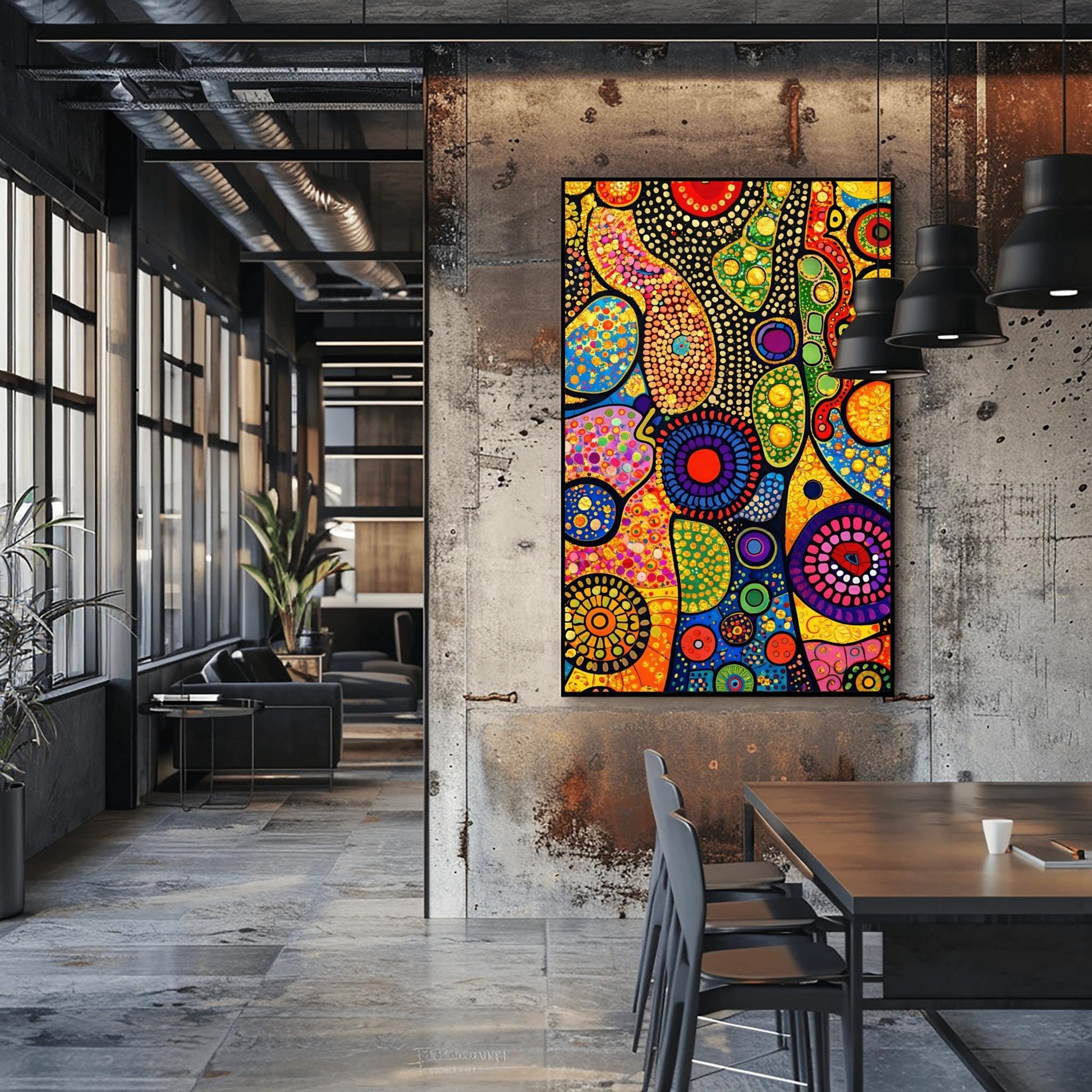 A vertical fine art print in the style of Gustav Klimt. An abstract composition of organic, flowing shapes filled with colorful dots, circles, and geometric patterns in red, blue, green, and orange. Shimmering gold leaf textures and "pebbled" patterns are interspersed throughout, set against a dark, structured background.