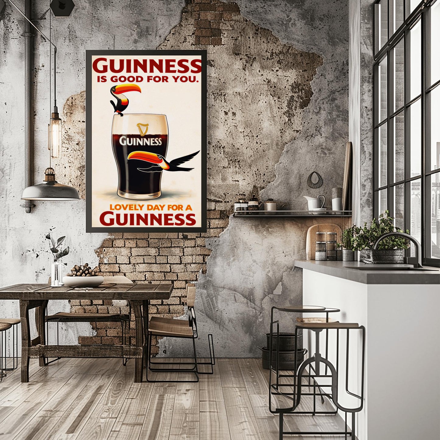 A vertical vintage-style advertisement for Guinness. A large glass of dark stout with a creamy white head is centered. A cartoon toucan with a large orange beak is perched on the rim, and another toucan flies past the bottom of the glass. The text reads "GUINNESS IS GOOD FOR YOU" at the top and "LOVELY DAY FOR A GUINNESS" at the bottom in red font.