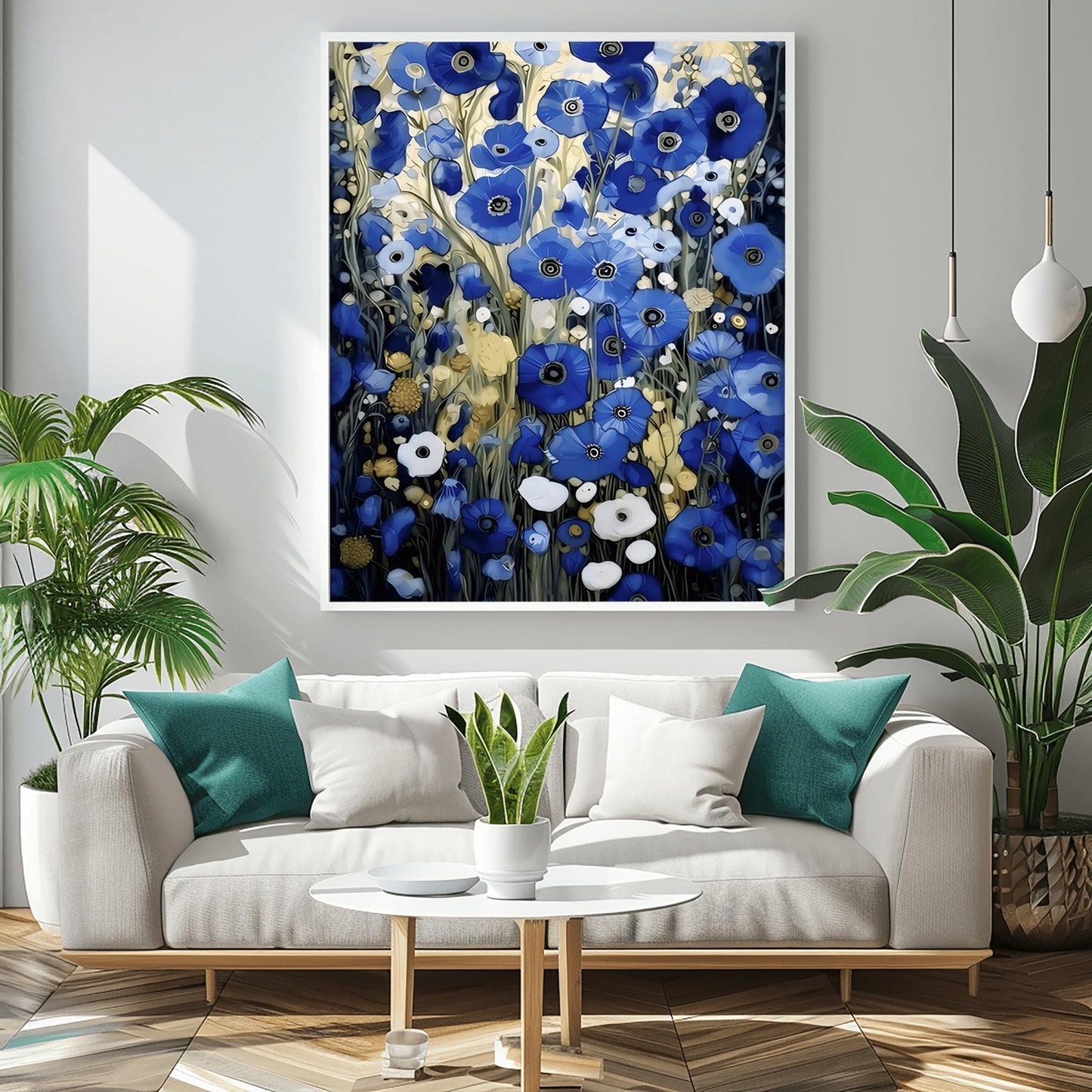 A vertical, highly detailed oil painting in the style of Gustav Klimt. The image is filled with a dense field of blue poppies in shades of cobalt, navy, and light blue. The flowers have dark centers and are surrounded by abstract cream and amber foliage. The brushwork is thick and textured, giving the appearance of a rich mosaic tapestry of flowers.