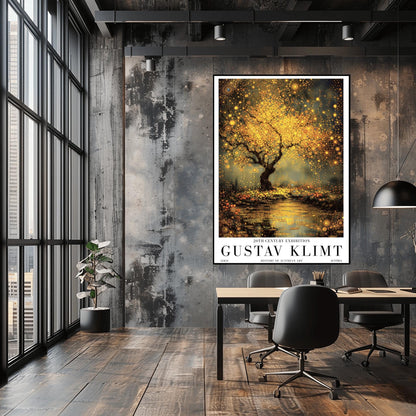 A vertical museum exhibition poster in the style of Gustav Klimt. A large tree with a dense, glowing golden canopy stands beside a river. The water surface is covered in golden mosaic patterns and reflections. The ground is filled with small orange flowers. Bold black text at the bottom reads "GUSTAV KLIMT" and "HISTORY OF AUSTRIAN ART."
