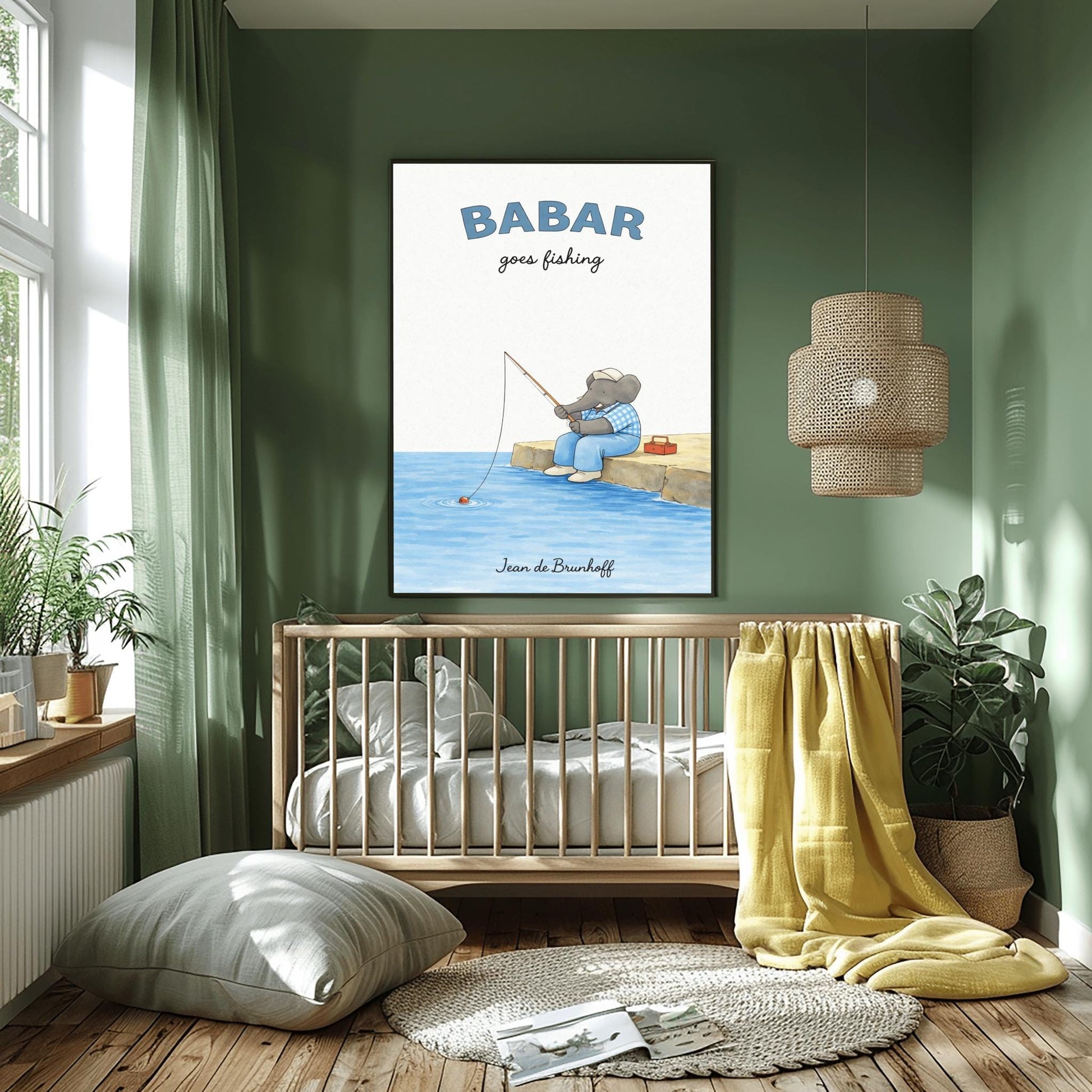 A vertical art print titled "BABAR goes fishing" in large blue letters. A grey elephant sits on a tan rocky pier overlooking blue water. He is wearing a blue and white checkered shirt, light blue overalls, and a white cap. He holds a thin fishing rod, and his line is in the water with a small red bobber. A red tackle box sits on the dock behind him. The name "Jean de Brunhoff" is at the bottom.