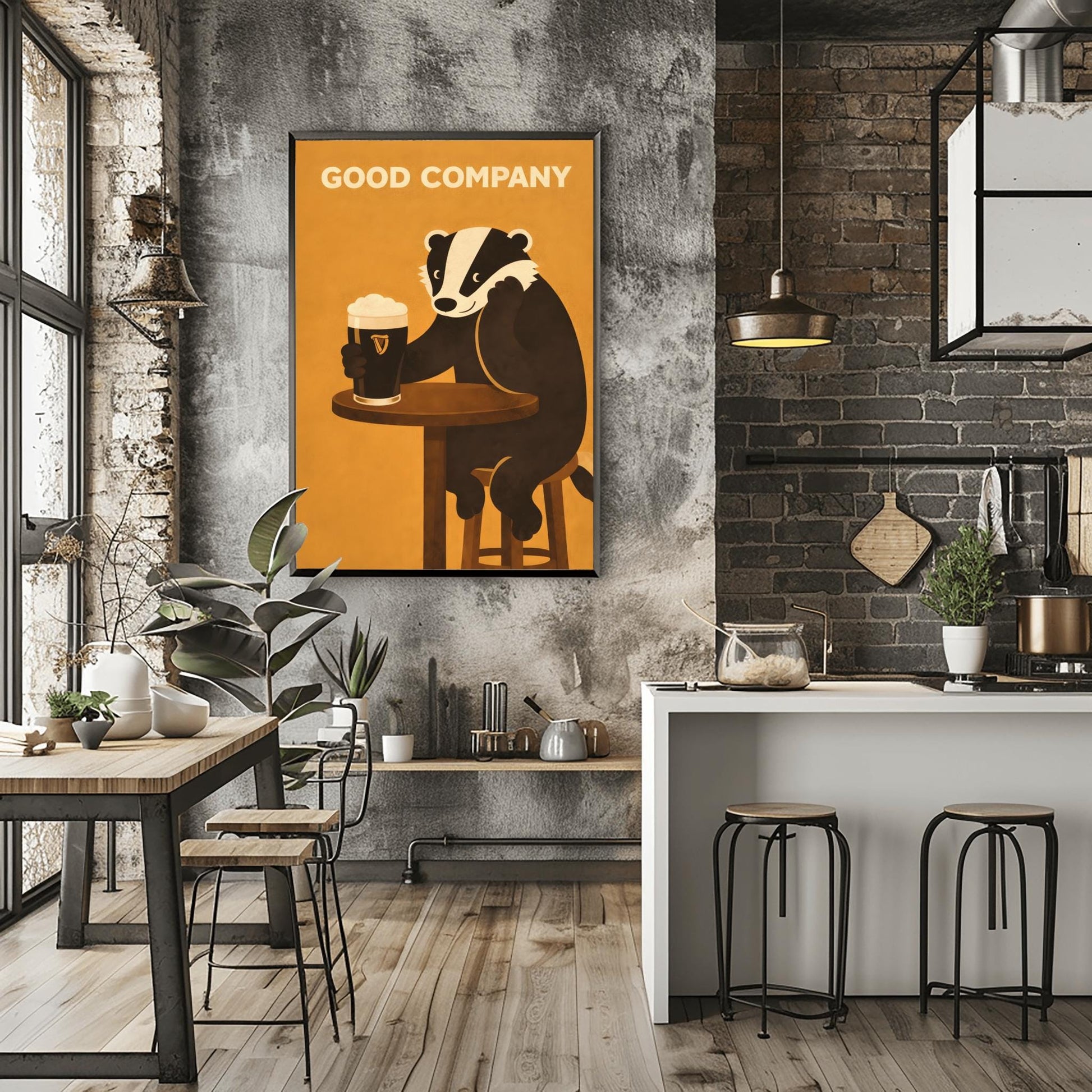 A vertical modern illustration of a cute black and white badger sitting at a round wooden bar table. The badger is leaning on one arm and holding a pint of Guinness with the other. The text "GOOD COMPANY" is written in bold at the top against a warm amber background.