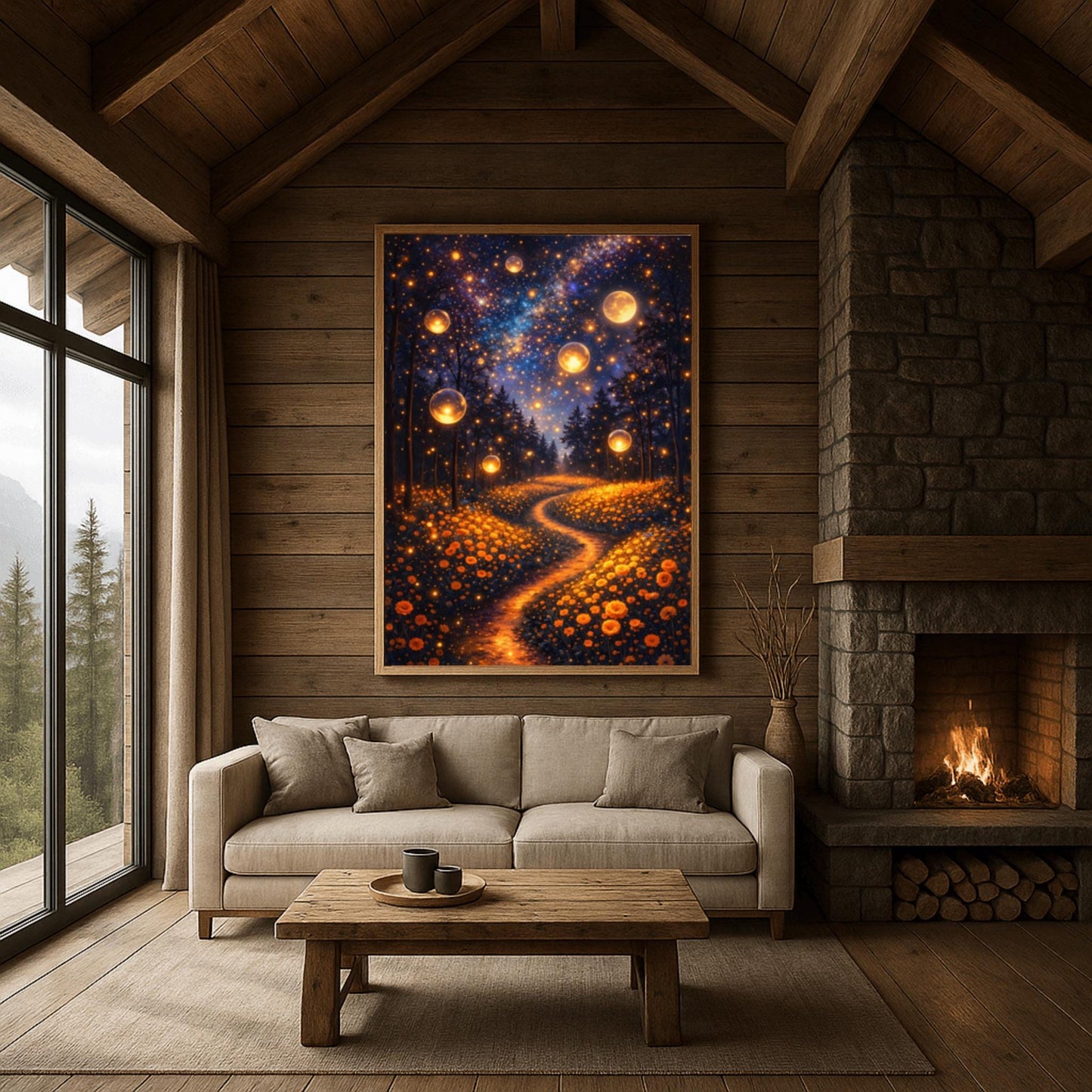 A vertical fine art print in the style of Gustav Klimt. Several large, glowing golden orbs float in a dark forest above a meadow of orange wildflowers. A winding path of golden light leads into the trees. The night sky is filled with a brilliant Milky Way and a large, glowing full moon.