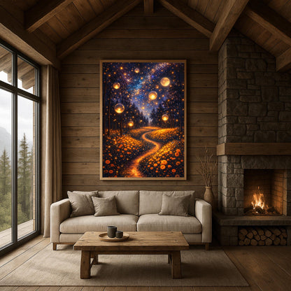 A vertical fine art print in the style of Gustav Klimt. Several large, glowing golden orbs float in a dark forest above a meadow of orange wildflowers. A winding path of golden light leads into the trees. The night sky is filled with a brilliant Milky Way and a large, glowing full moon.