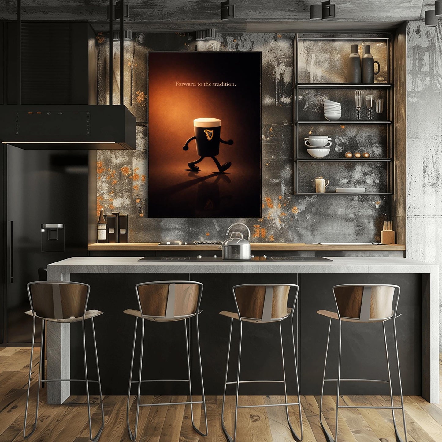 A vertical cinematic illustration of a 3D Guinness pint character with cartoon arms and legs, walking across a reflective dark floor. The background is a warm, glowing amber light. At the top, the words "Forward to the tradition." are written in a gold-colored serif font.