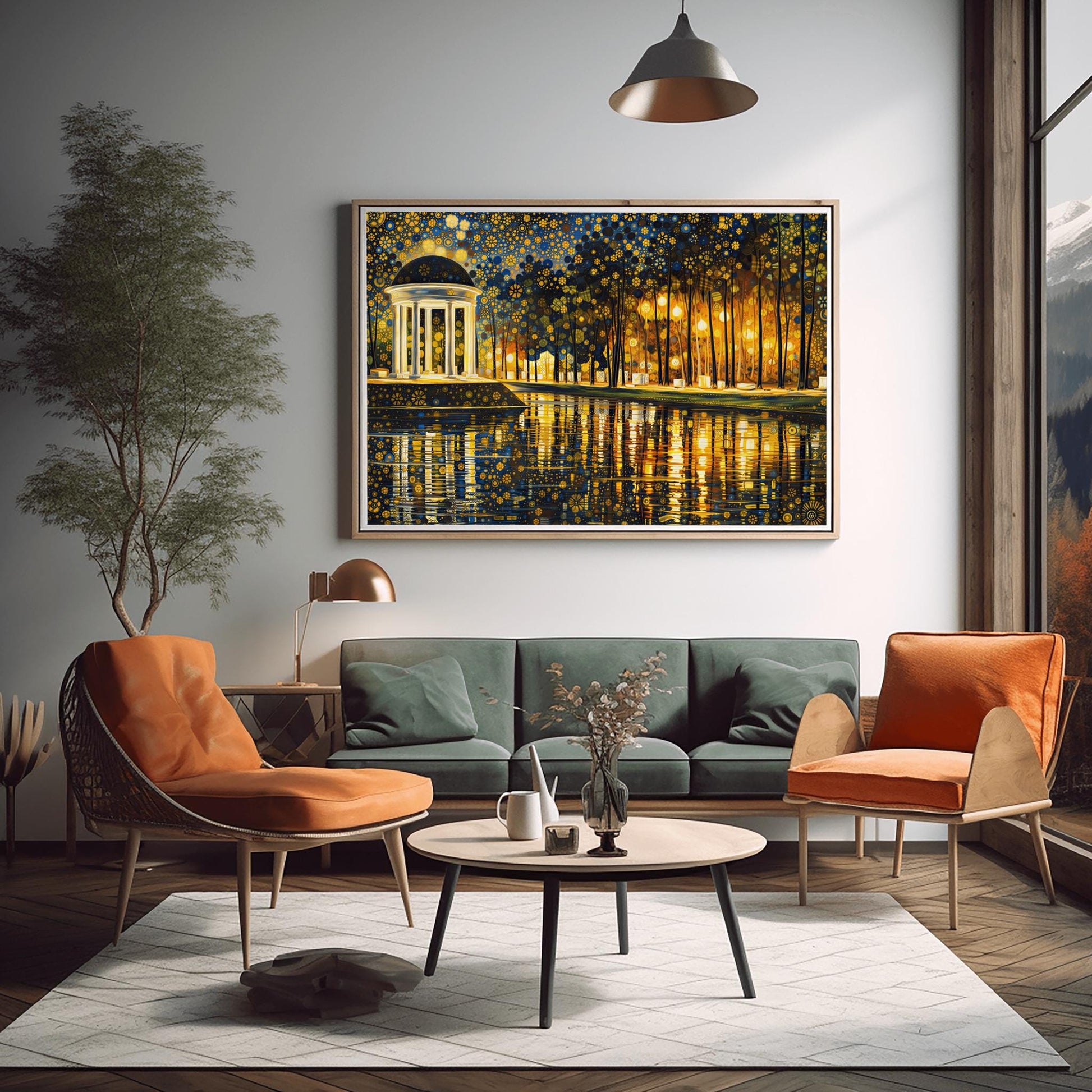 A horizontal fine art print in the style of Gustav Klimt. On the left, a white classical domed pavilion with columns glows brightly. It sits beside a dark lake that reflects the light in golden ripples. To the right is a forest of thin trees. The entire sky is a dense mosaic of golden flower patterns and stars.