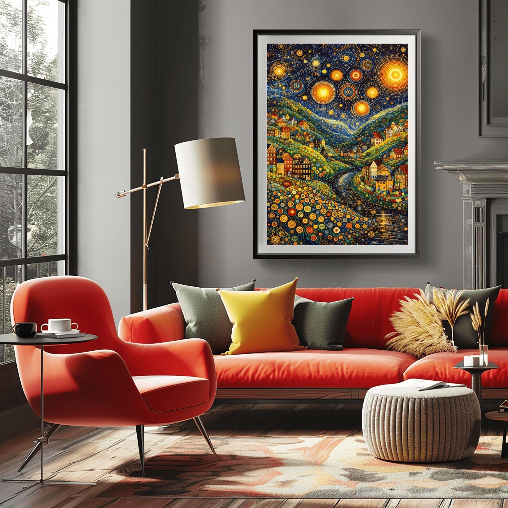 A vertical art print depicting a vibrant, stylized valley at night. The sky is filled with massive, glowing yellow stars with concentric circle patterns and golden swirls. Below, colorful houses with geometric details are built into hills made of green and yellow dots. A dark river winds through the center. The foreground is filled with multi-colored circular flower patterns. The overall style is a mix of mosaic textures and swirling post-impressionist brushwork.