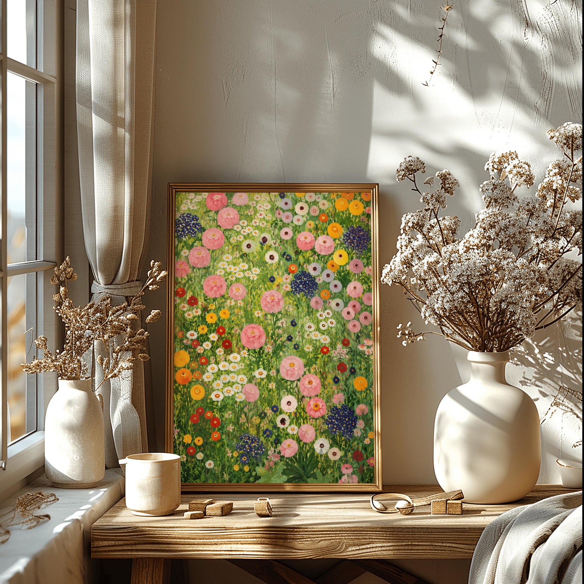 A vertical full-bleed painting in the style of Gustav Klimt showing a dense, vibrant meadow of wildflowers. The entire frame is filled with an intricate, mosaic-like arrangement of thickly painted flowers, including large clusters of white and cream blossoms at the top, a dense field of orange and white poppies to the right, and deep purple and magenta pansies near the bottom, all set against a textured emerald and chartreuse green background.