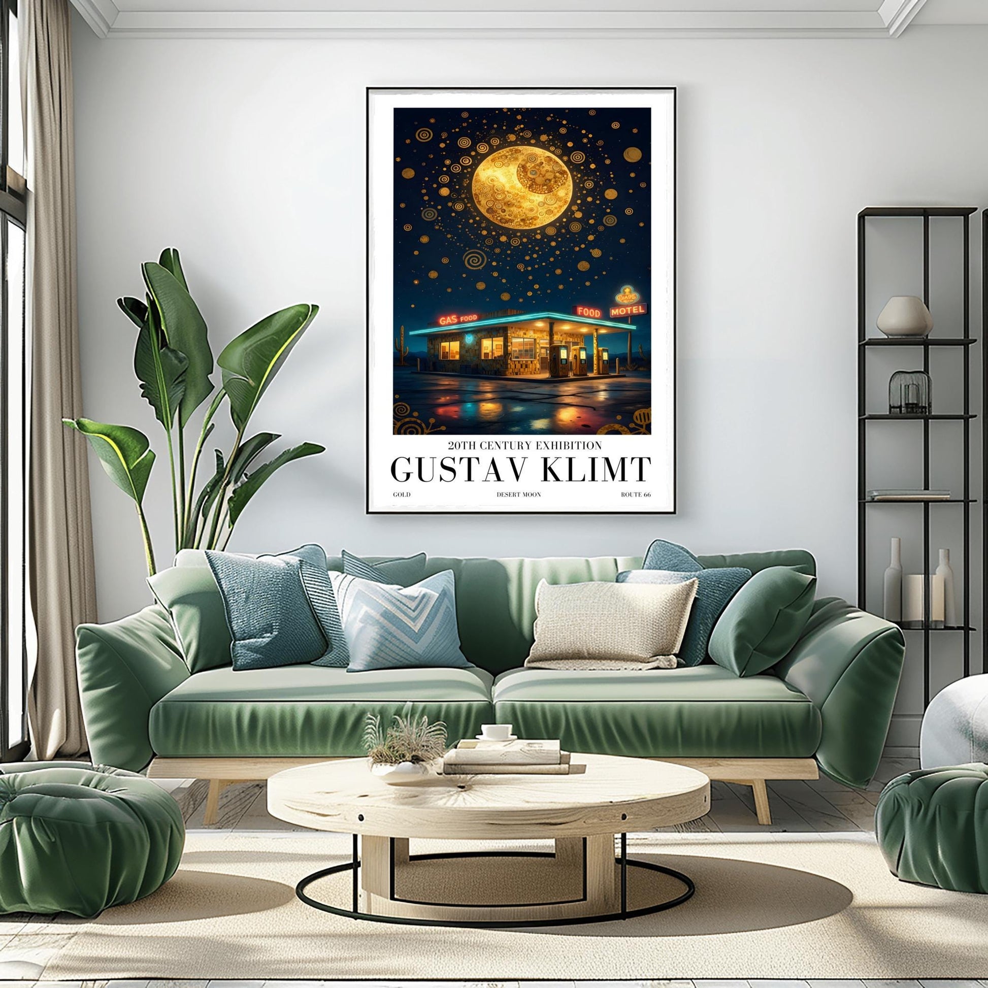 A vertical museum exhibition poster in the style of Gustav Klimt. A retro mid-century gas station and motel with neon signs stand in a desert landscape at night. A massive, ornate golden moon with mosaic patterns fills the top of a sky crowded with golden spirals and symbols. Bold black text at the bottom reads "GUSTAV KLIMT" and "DESERT MOON."