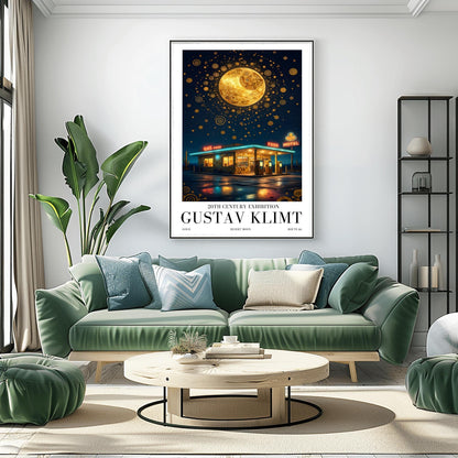 A vertical museum exhibition poster in the style of Gustav Klimt. A retro mid-century gas station and motel with neon signs stand in a desert landscape at night. A massive, ornate golden moon with mosaic patterns fills the top of a sky crowded with golden spirals and symbols. Bold black text at the bottom reads "GUSTAV KLIMT" and "DESERT MOON."