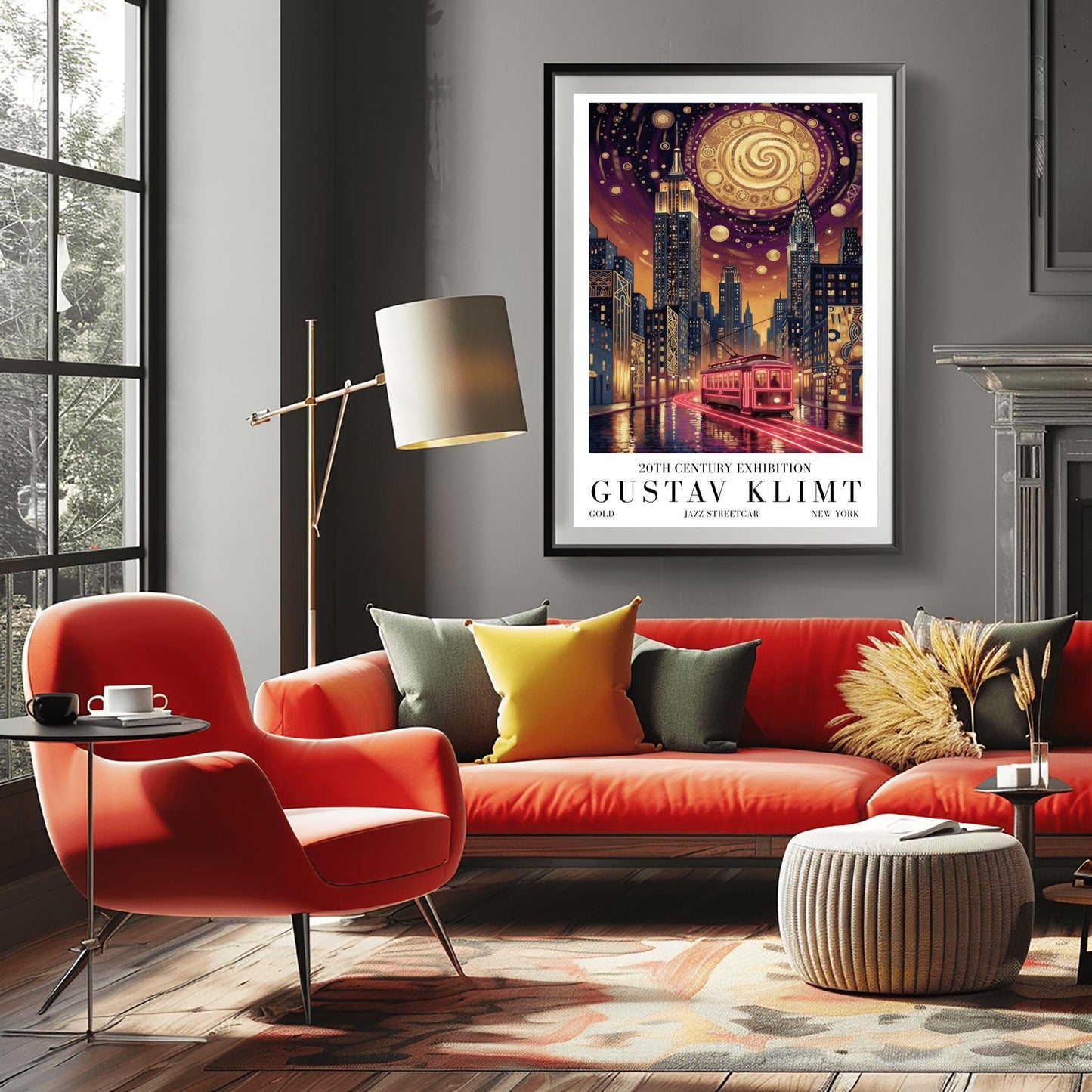 A vertical museum exhibition poster in the style of Gustav Klimt. A glowing red streetcar travels down a New York City street toward the Empire State Building and Chrysler Building at night. The sky is dark purple with a massive golden mosaic moon. Bold black text at the bottom reads "GUSTAV KLIMT" and "JAZZ STREETCAR."