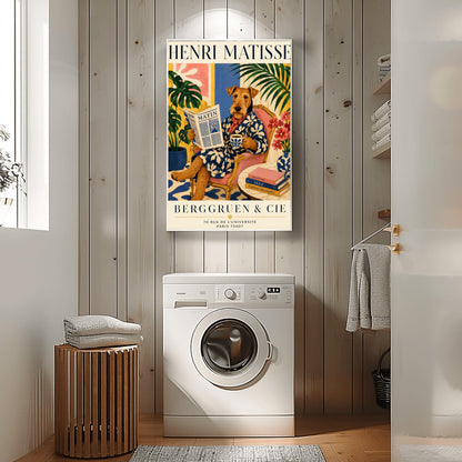 A vertical maximalist art print styled as a Henri Matisse exhibition poster. A vibrant pink flamingo with its long neck curved sits elegantly in a pink clawfoot bathtub. The bathroom features pink tiled floors and walls, with open blue shutters in the background looking out to the sea. The room is filled with tropical greenery and bright pink and orange flowers. A small pink table in the foreground holds soap and cosmetic bottles.