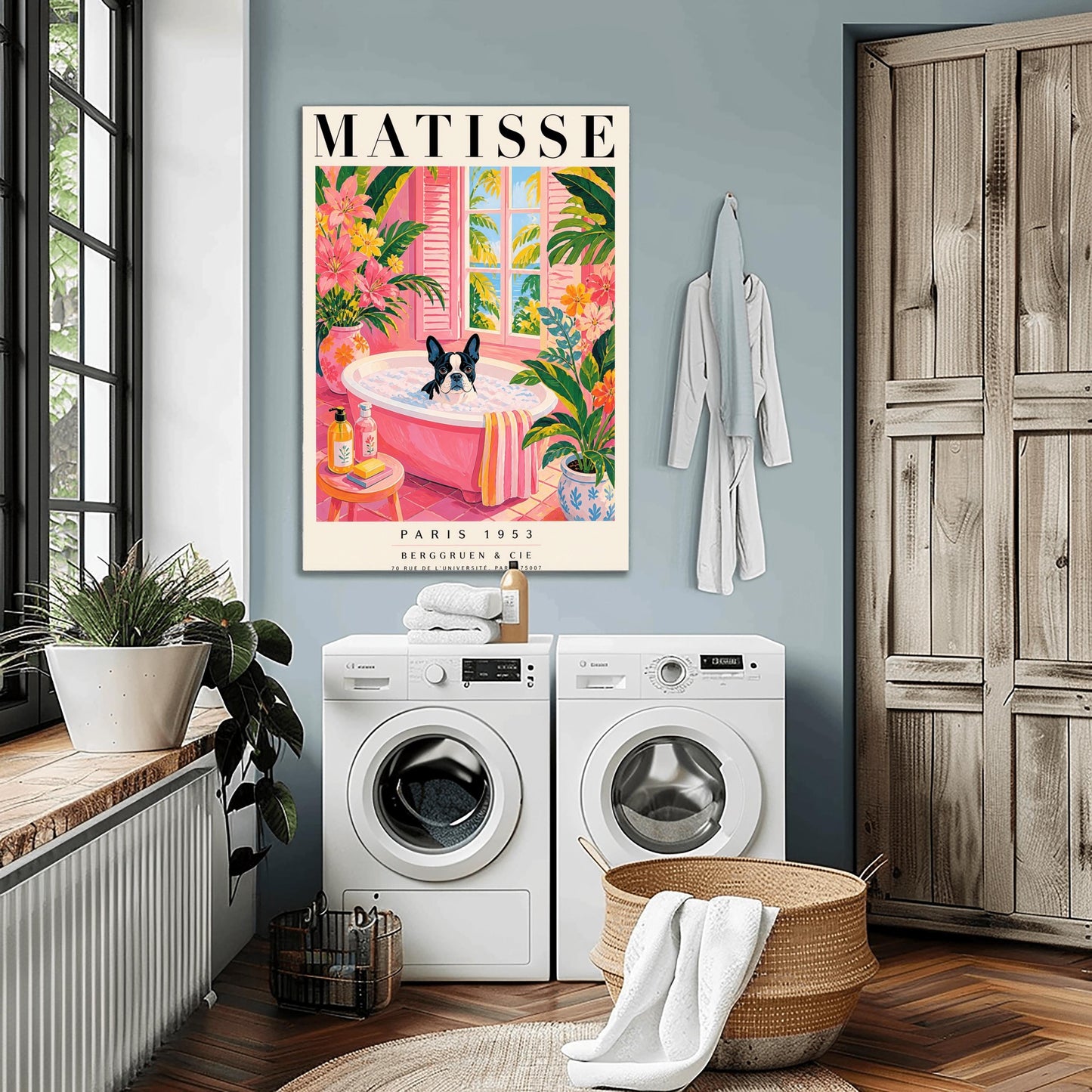 A vertical maximalist art print styled as a Henri Matisse exhibition poster. A black and white Boston Terrier dog sits in a pink bathtub filled with white bubbles. The bathroom features pink tiled floors and walls, decorated with lush green tropical plants and vibrant pink flowers in floral vases. A window with pink shutters in the background looks out onto palm trees and a blue ocean. In the foreground, soap bottles and a yellow bar of soap sit on a small pink stool.