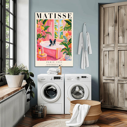 A vertical maximalist art print styled as a Henri Matisse exhibition poster. A black and white Boston Terrier dog sits in a pink bathtub filled with white bubbles. The bathroom features pink tiled floors and walls, decorated with lush green tropical plants and vibrant pink flowers in floral vases. A window with pink shutters in the background looks out onto palm trees and a blue ocean. In the foreground, soap bottles and a yellow bar of soap sit on a small pink stool.