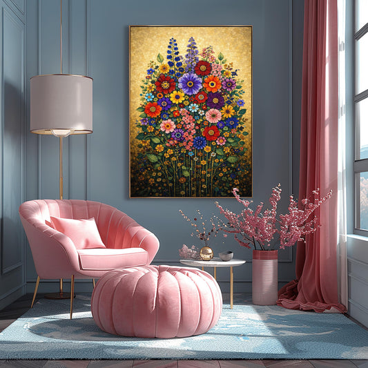 A vertical art print in the style of Gustav Klimt featuring a dense bouquet of colorful wildflowers. The flowers, including red, purple, and orange zinnias and tall blue delphiniums, are rendered as intricate mosaics with geometric patterns. The entire arrangement is set against a shimmering, gold-tiled background that glows with metallic light. The style is highly decorative, maximalist, and vibrant.