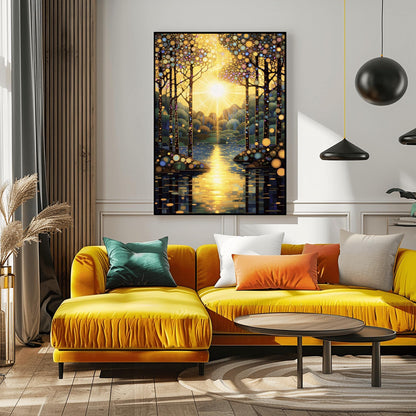 A vertical fine art painting in the style of Gustav Klimt. A brilliant sun is centered in the sky, emitting golden rays that look like stained glass panes. Slender trees with colorful mosaic patterns on their bark frame a calm lake. The water reflects the golden sun in a series of horizontal mosaic tiles. The overall palette is brilliant gold, warm amber, and deep teal.