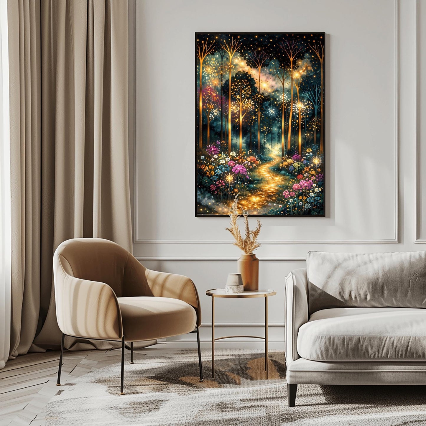 A vertical, highly detailed painting in the style of Gustav Klimt. Slender, glowing gold trees rise from a vibrant meadow of colorful wildflowers in pink, purple, and white. A sparkling, bright golden path leads through the center of the dark, atmospheric forest. The air is filled with glowing golden dots and fireflies, creating a magical, textured mosaic effect.
