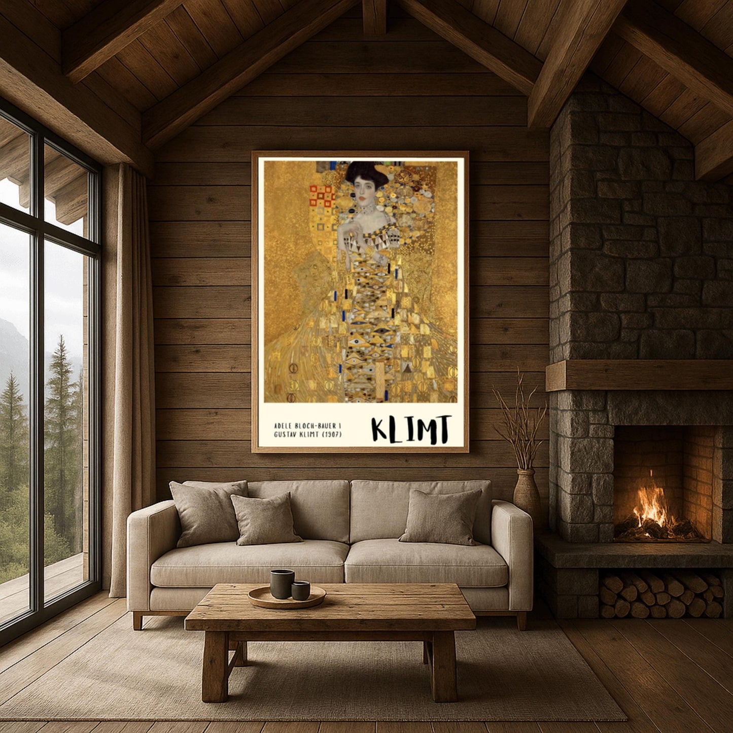 A vertical museum exhibition poster of Gustav Klimt's 1907 "Portrait of Adele Bloch-Bauer I." A woman is shown encased in a lavish gold dress with eye and triangle patterns against a shimmering gold mosaic background. The bottom border is cream with bold black text reading "ADELE BLOCH-BAUER I" and "KLIMT."