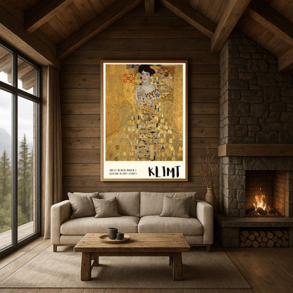 A vertical museum exhibition poster of Gustav Klimt's 1907 "Portrait of Adele Bloch-Bauer I." A woman is shown encased in a lavish gold dress with eye and triangle patterns against a shimmering gold mosaic background. The bottom border is cream with bold black text reading "ADELE BLOCH-BAUER I" and "KLIMT."