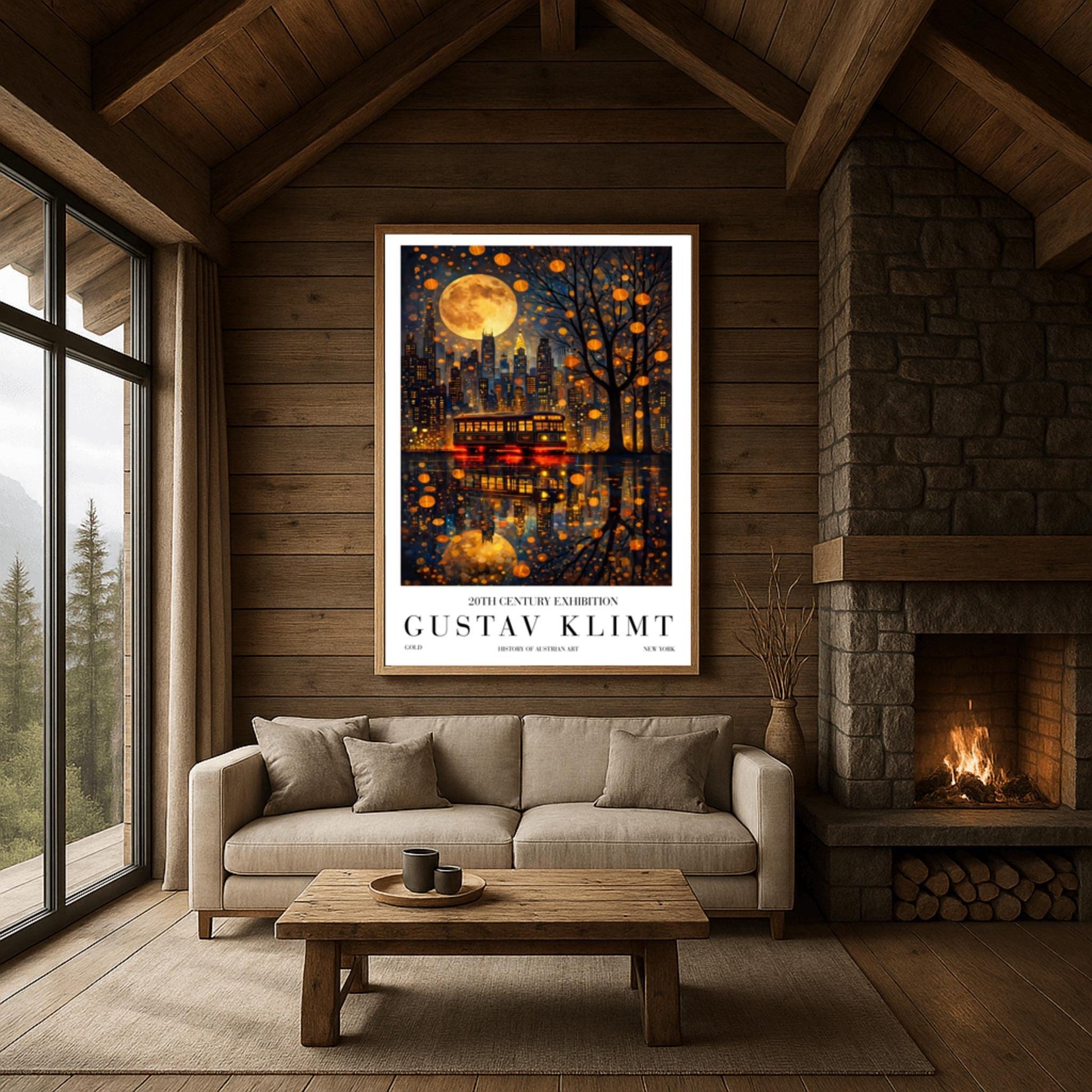 A vertical exhibition-style poster for a Gustav Klimt exhibit. The top half features the New York City skyline at night under a massive, patterned golden moon. A vintage trolley with "NEW YORK" on its sign sits on a wet street, reflecting the city lights and the moon in a shimmering gold mosaic pattern. A silhouetted tree on the right is filled with glowing golden lanterns. The bottom features bold text reading "GUSTAV KLIMT."