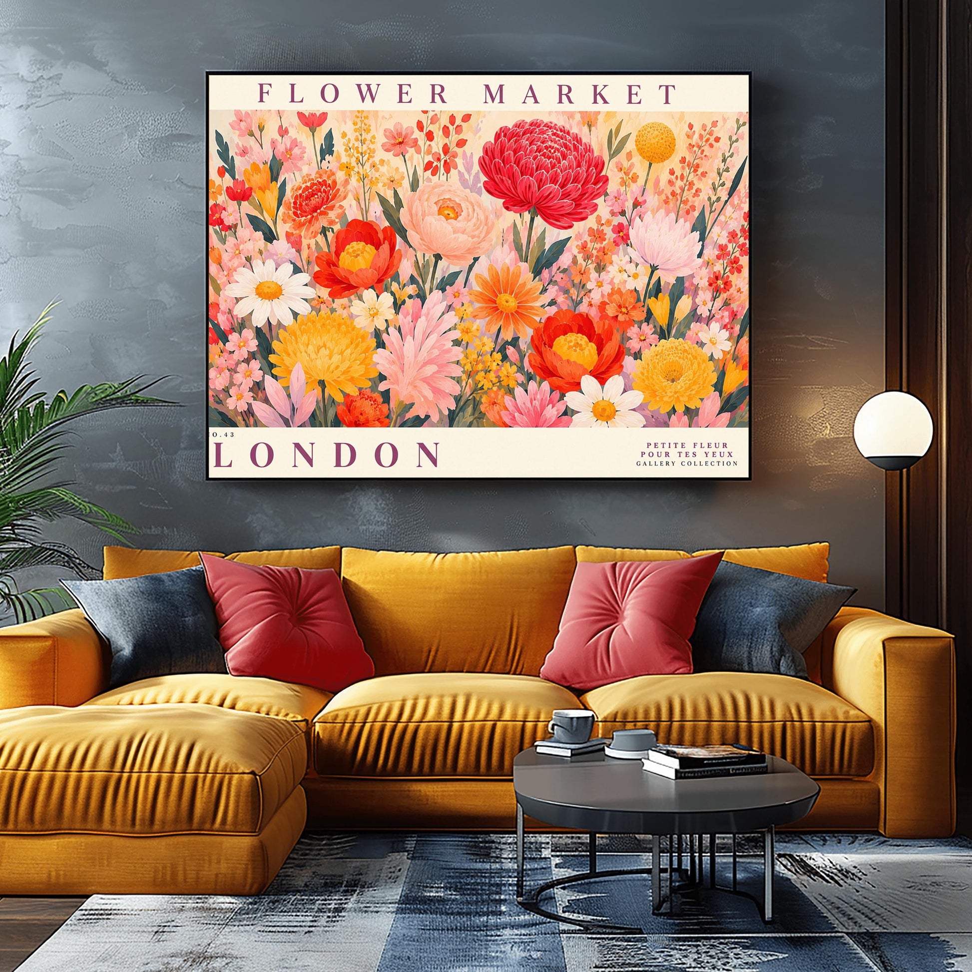 A vibrant, maximalist vintage botanical gallery poster titled "FLOWER MARKET LONDON" in elegant purple typography. The main illustration shows a dense, edge-to-edge meadow of hand-painted wildflowers. The arrangement includes a large crimson red dahlia, soft pink peonies, white daisies with yellow centers, yellow chrysanthemums, and various small orange and pink blossoms nestled among green leaves.