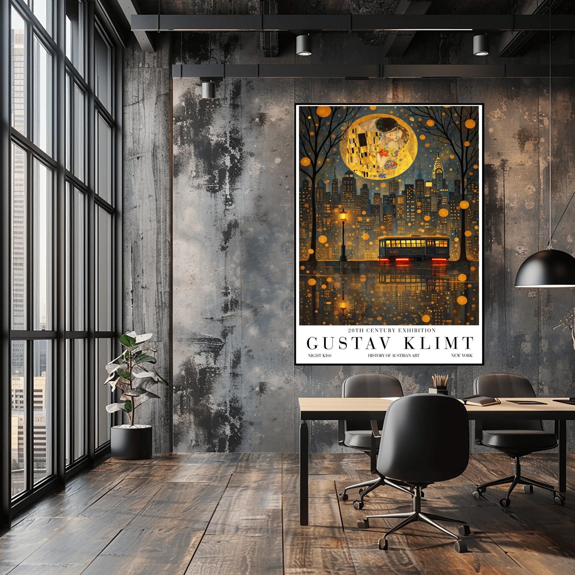 A vertical exhibition poster in the style of Gustav Klimt. A large, textured golden moon contains the iconic figures from "The Kiss" floating above a dark New York City skyline. The Chrysler Building is visible. In the foreground, a vintage trolley reflects in rain-slicked streets. Bold text at the bottom reads "GUSTAV KLIMT" and "NEW YORK."