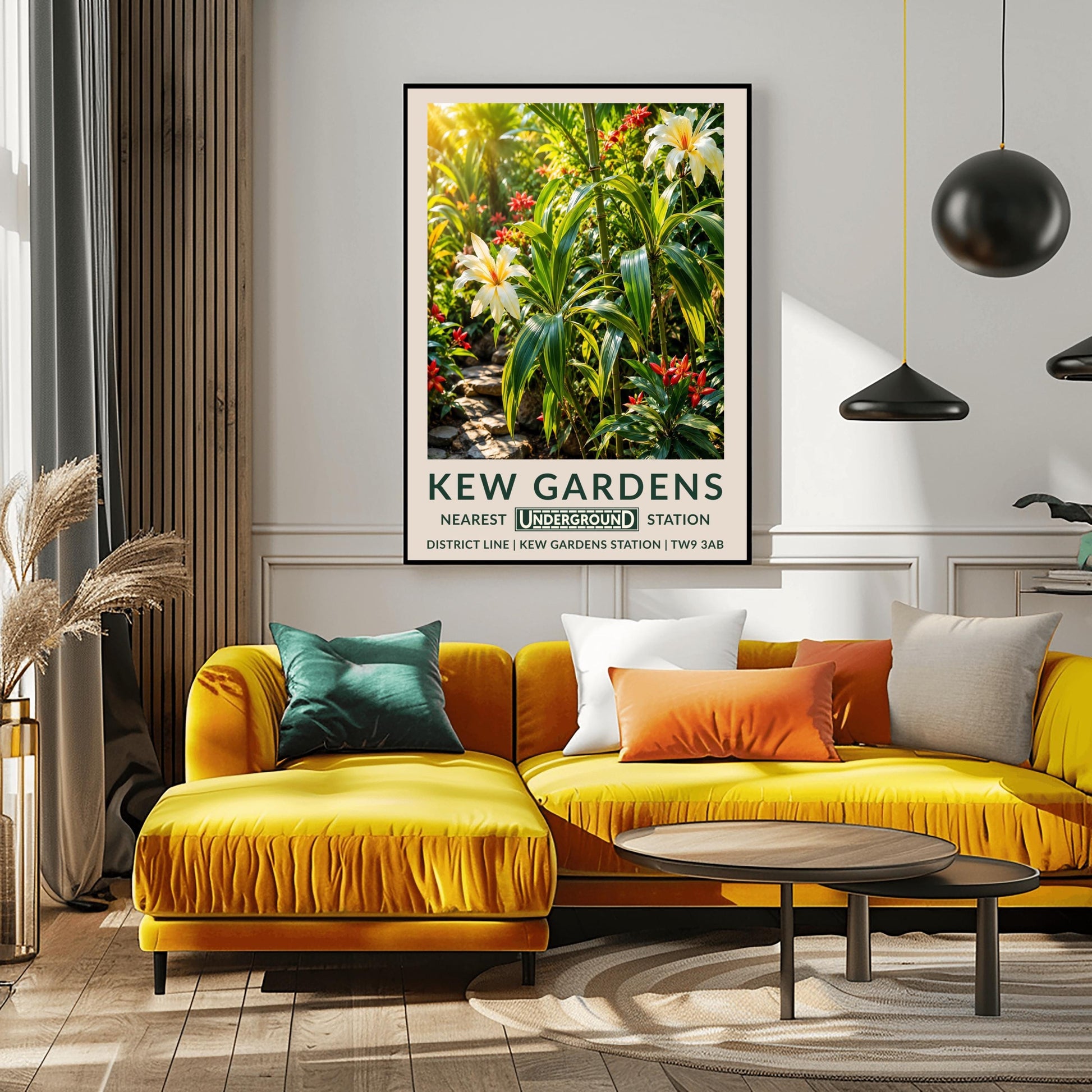 A vertical retro London Underground travel poster for Kew Gardens on a wide cream border. The top image shows a lush, sun-drenched illustration of a tropical jungle interior. In the foreground are large variegated green-and-yellow striped leaves and green bamboo stalks, accented by two large, cream-colored lilies with yellow and orange centers. Small, pointed crimson red flowers are scattered throughout the dense greenery, and a stepping-stone path is visible on the lower left.