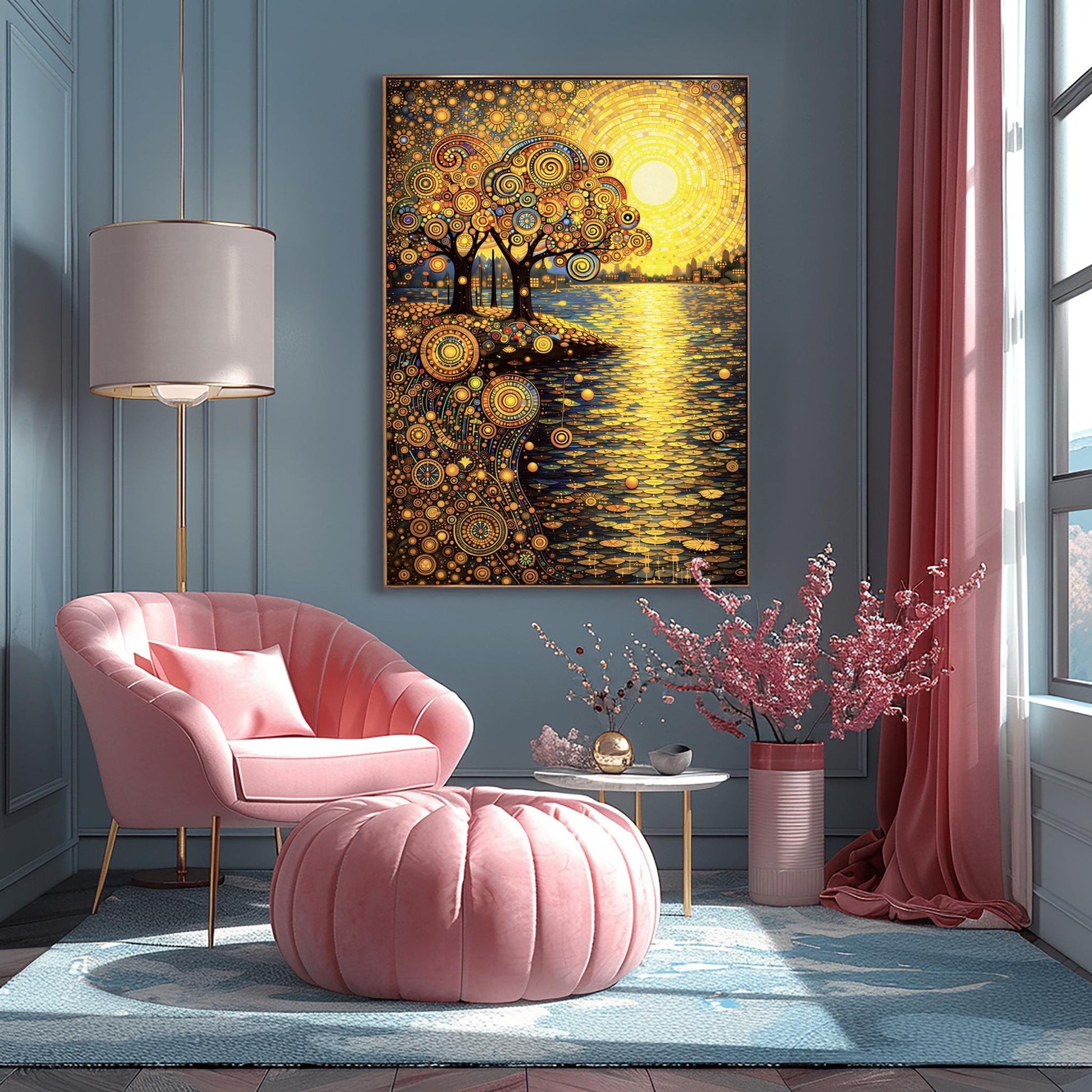 A vertical museum exhibition poster in the style of Gustav Klimt. A large, radiant yellow mosaic sun rises over a lake. On the left shore, two trees with ornate spiral-patterned leaves stand. The ground and sky are filled with dense golden mosaic circles and patterns. Bold black text at the bottom reads "GUSTAV KLIMT" and "AUSTRIA."