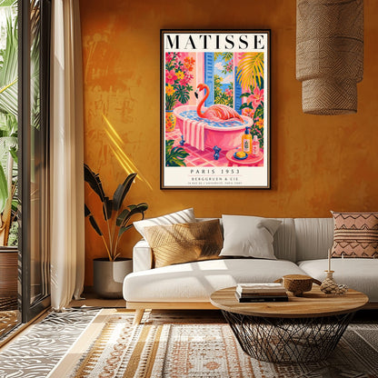 A vertical maximalist art print styled as a Henri Matisse exhibition poster. A vibrant pink flamingo with its long neck curved sits elegantly in a pink clawfoot bathtub. The bathroom features pink tiled floors and walls, with open blue shutters in the background looking out to the sea. The room is filled with tropical greenery and bright pink and orange flowers. A small pink table in the foreground holds soap and cosmetic bottles.