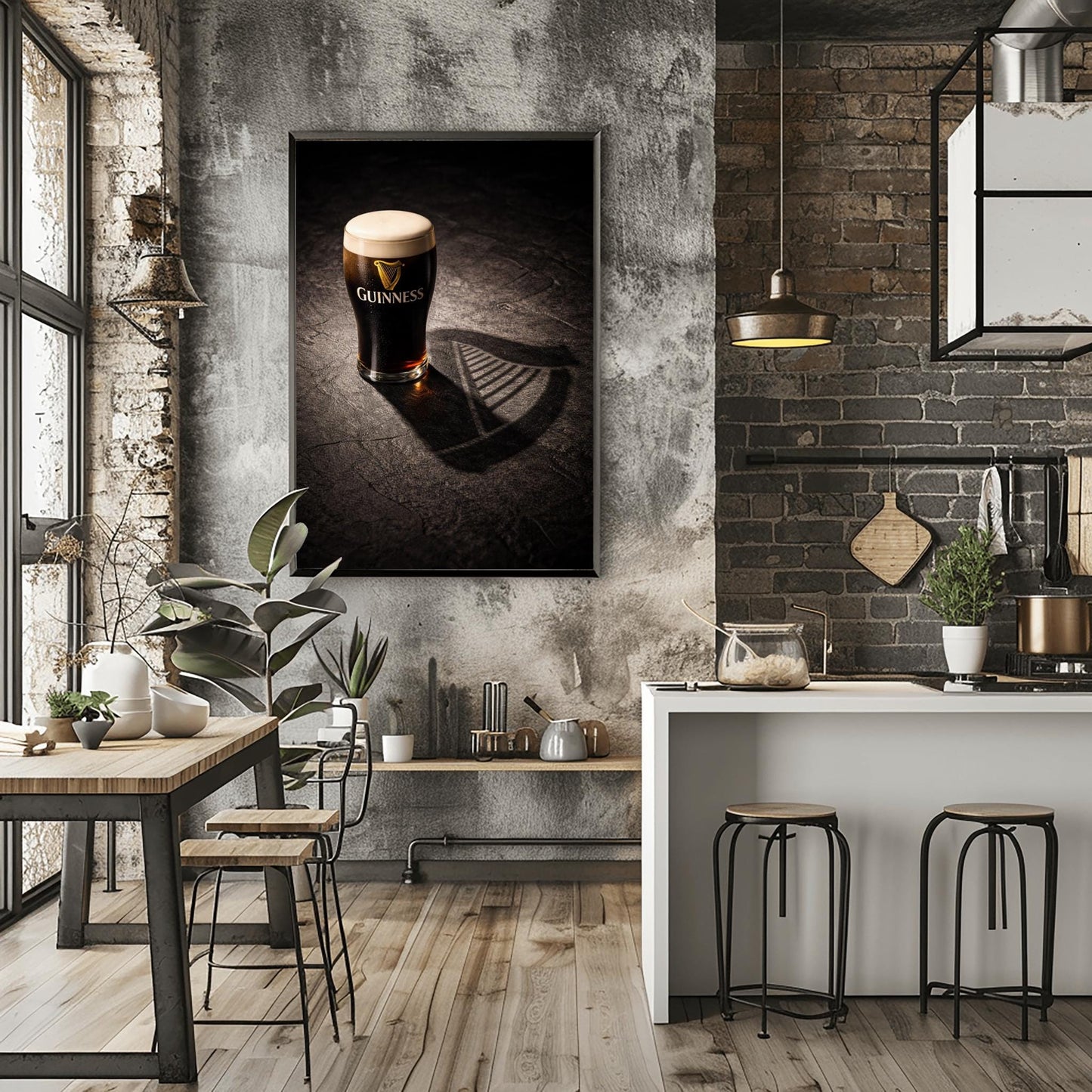 A vertical hyper-realistic photograph of a pint of Guinness on a dark stone surface. A bright light from the side casts a long shadow of the glass that clearly forms the shape of a Celtic harp. The stone is textured and dark, with the glass as the bright focal point.